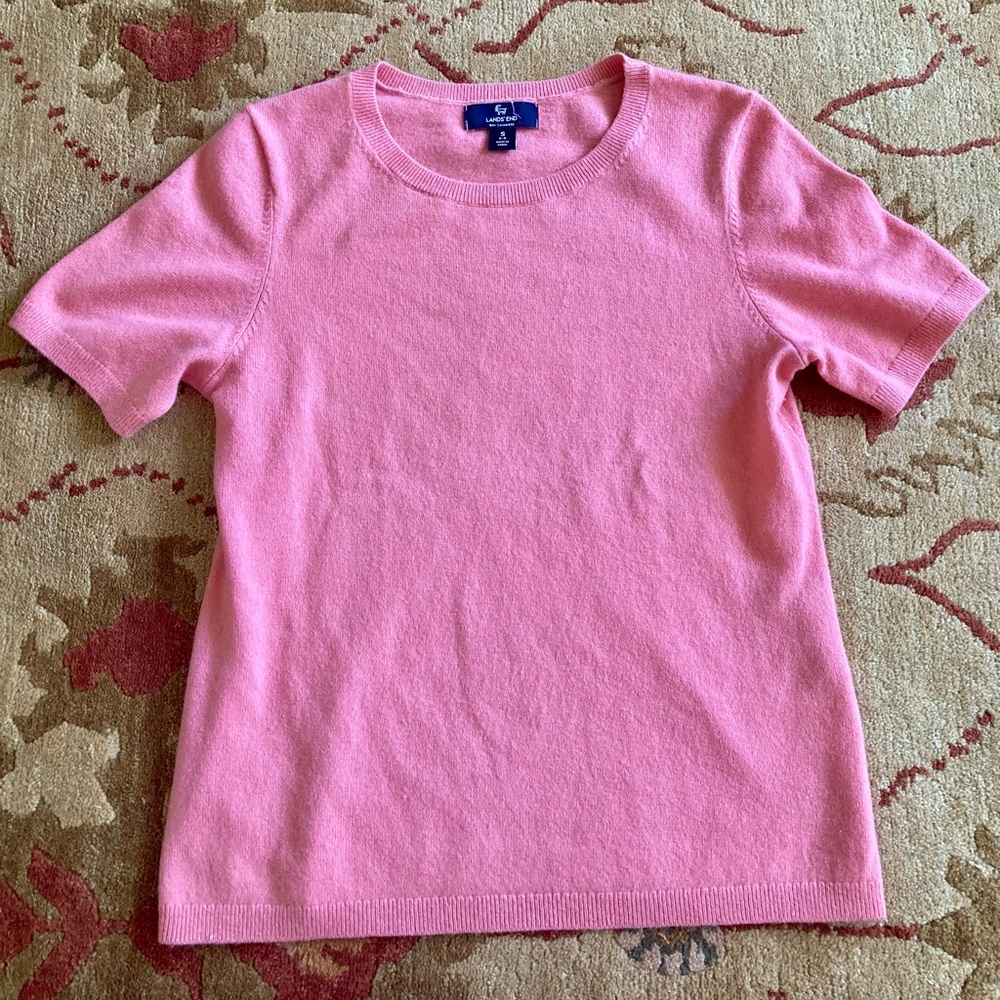 Lands' End 100% Cashmere vibrant soft Pink Crew Neck short sleeve Sweater soft